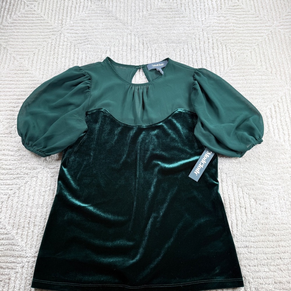 ModCloth Velvet Mixed Media Top Women's Small Green Puff Sleeve Holiday Romantic